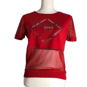 Dolce & Gabbana Red Graphic Tee with Mesh Details
